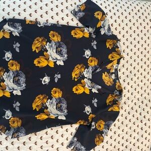 Theory Floral Print Blouse - Navy, Yellow, and Gray